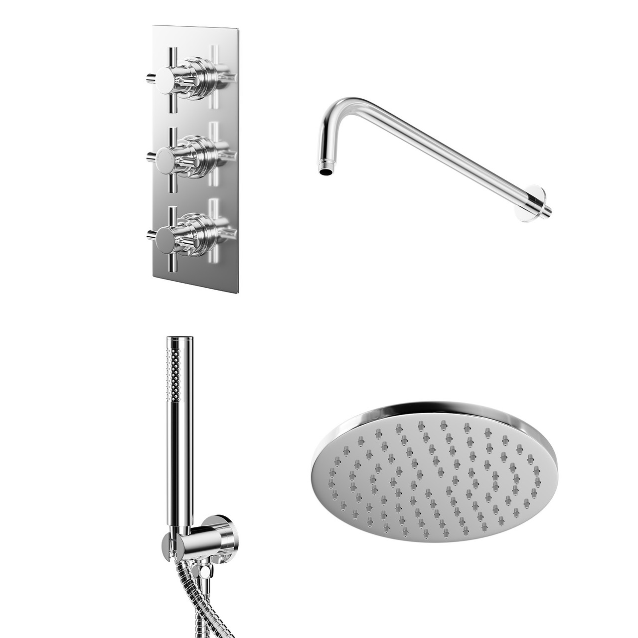 Cross Polished Triple Thermostatic Valve Mixer Shower with Round Fixed Head and Round Handset Outlet Holder