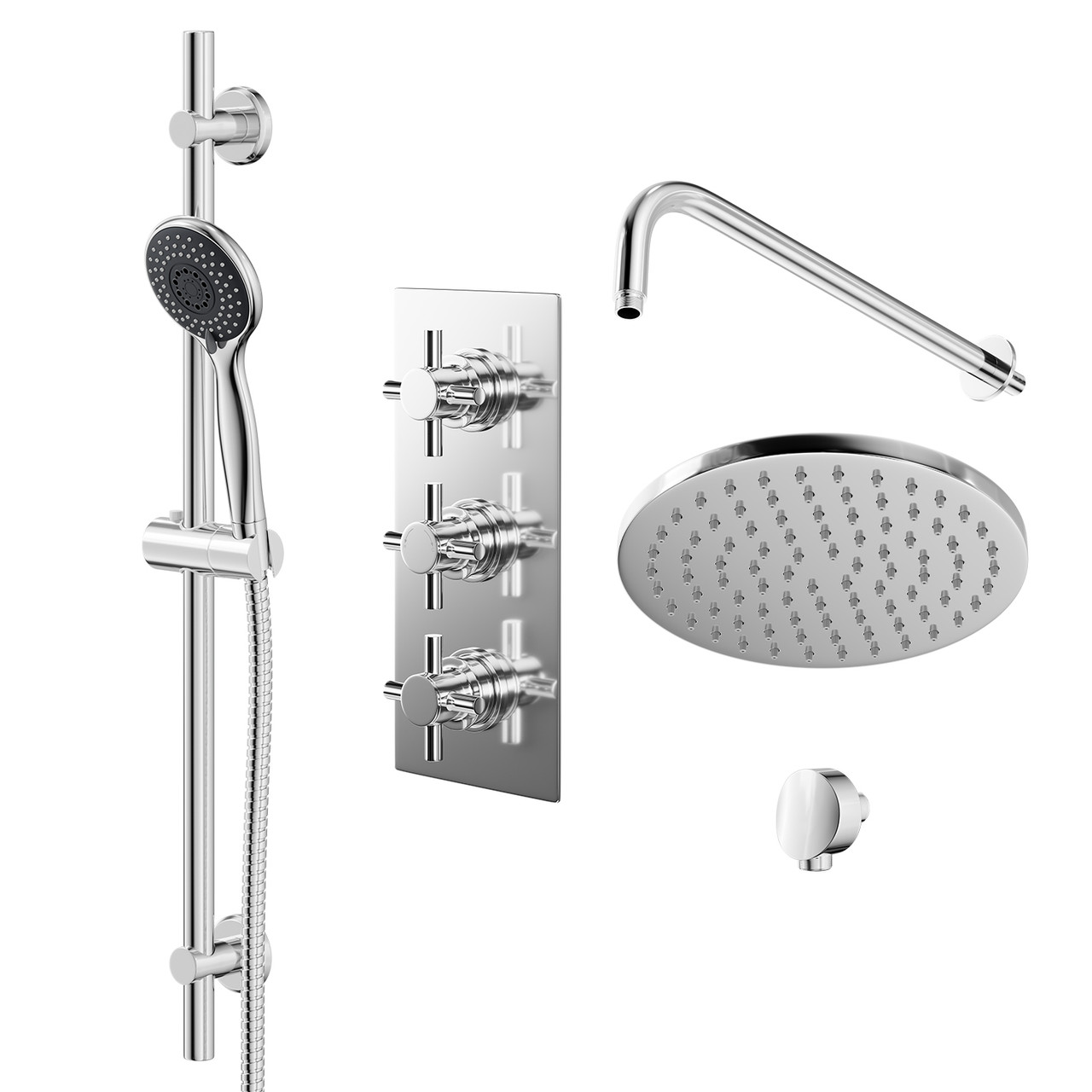 Cross Polished Triple Thermostatic Valve Mixer Shower with Round Fixed Head and Clyde Shower Slide Rail Kit
