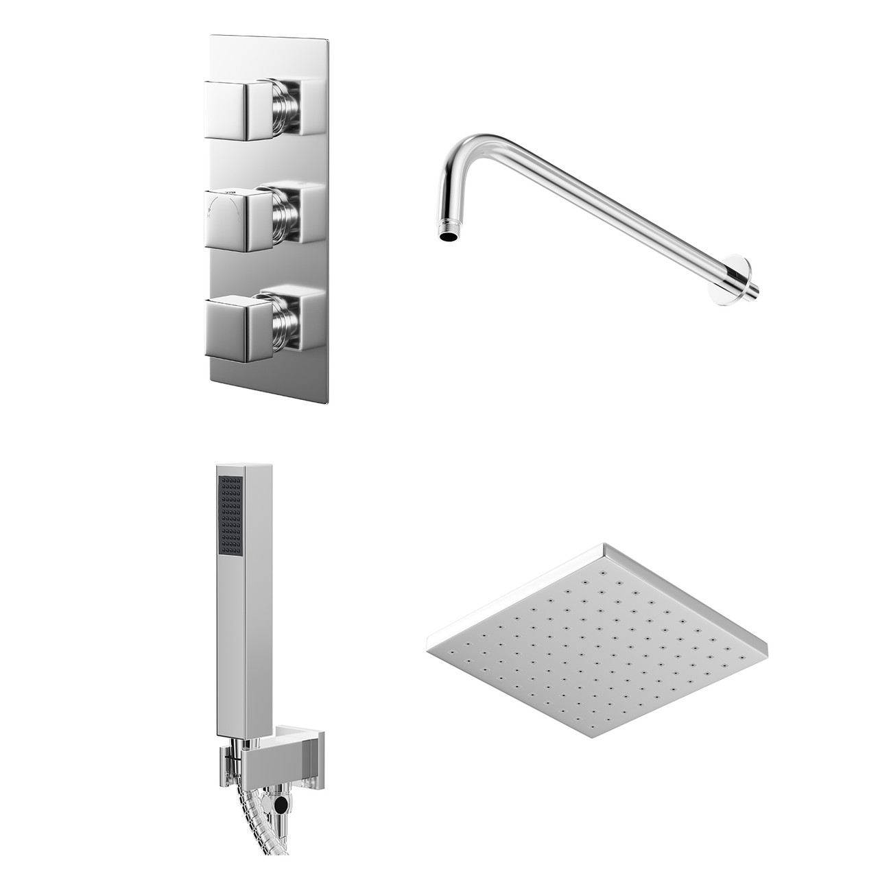 Cubix Polished Triple Thermostatic Valve Mixer Shower with Square Fixed Head and Square Handset Outlet Holder