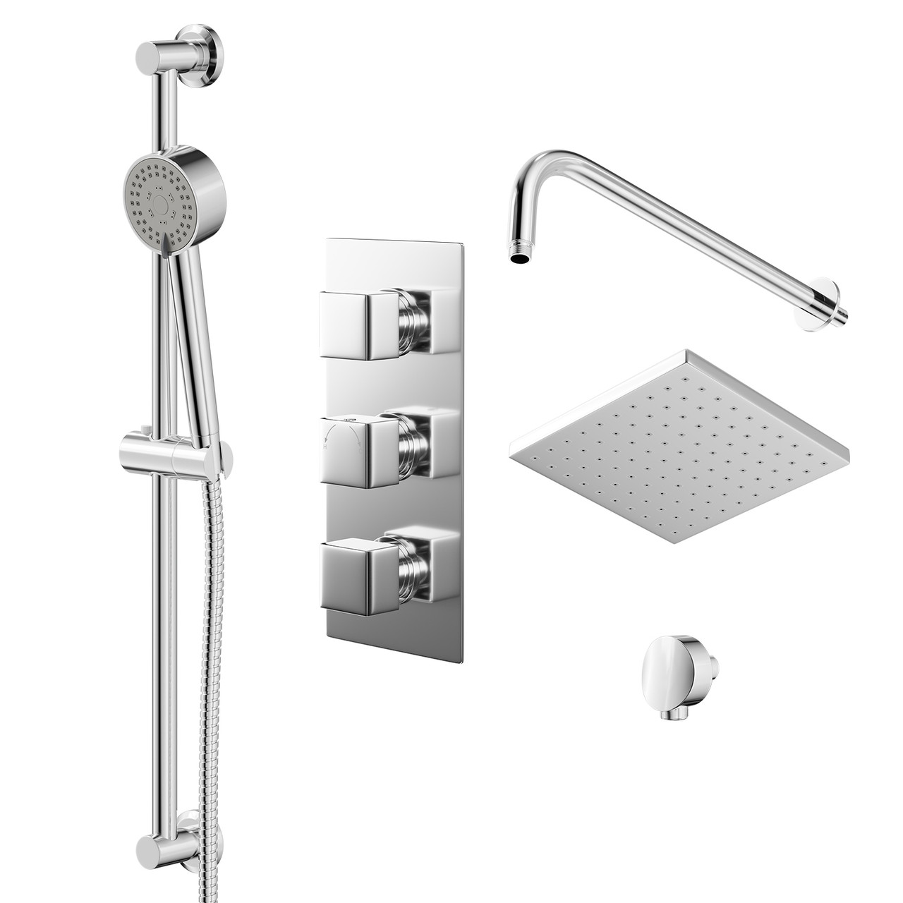 Cubix Polished Triple Thermostatic Valve Mixer Shower with Square Fixed Head and Tyne Shower Slide Rail Kit