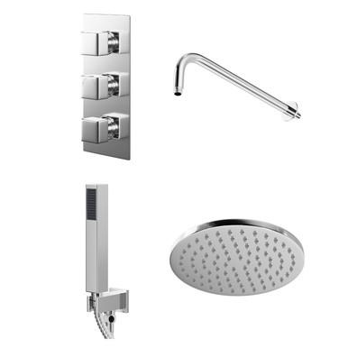 Wholesale Domestic Chrome Cubix Polished Triple Thermostatic Valve Mixer Shower With Round Fixed Head And Square Handset Outlet Holder | | Stainless Steel | 120Mm X 280Mm X 345Mm