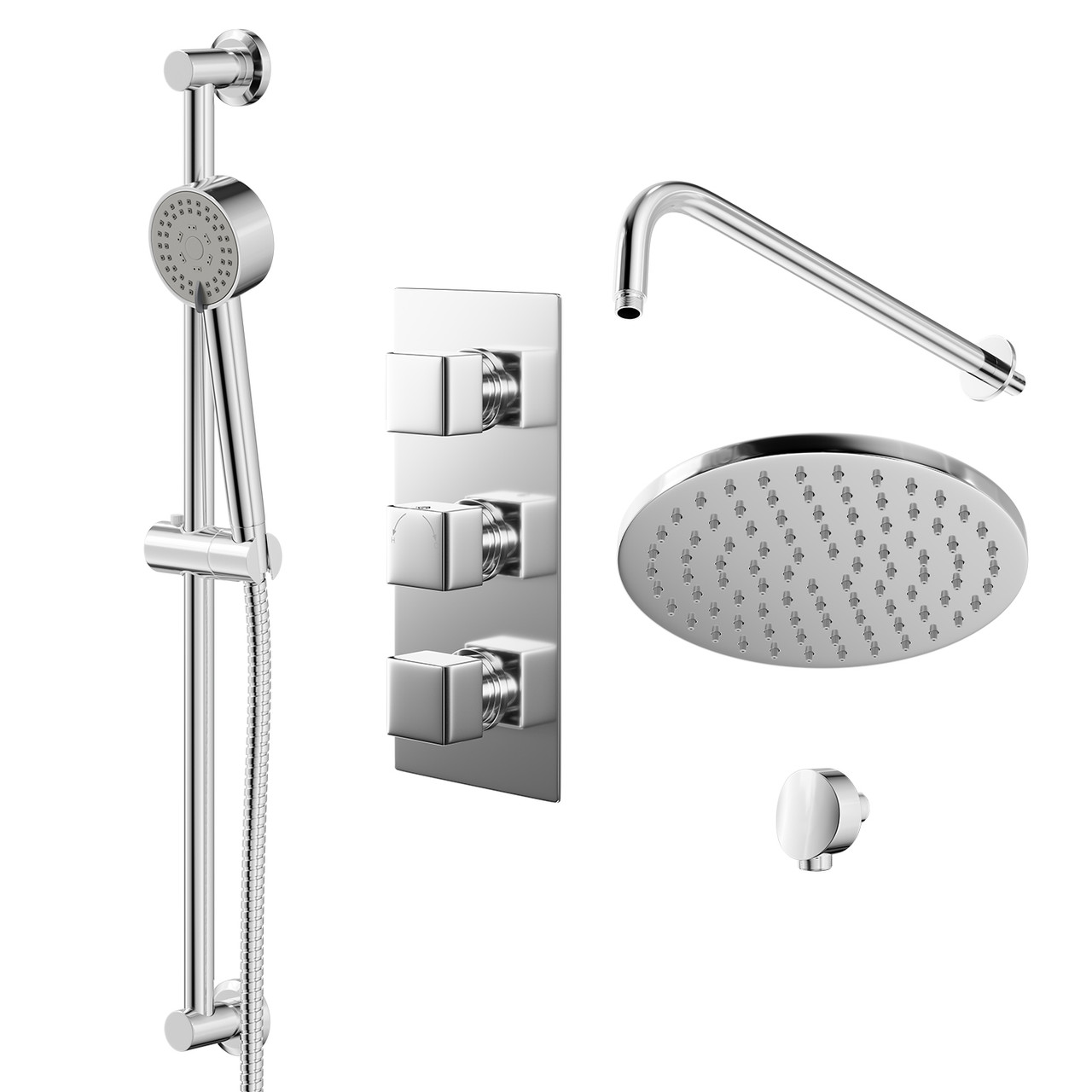 Cubix Polished Triple Thermostatic Valve Mixer Shower with Round Fixed Head and Tyne Shower Slide Rail Kit