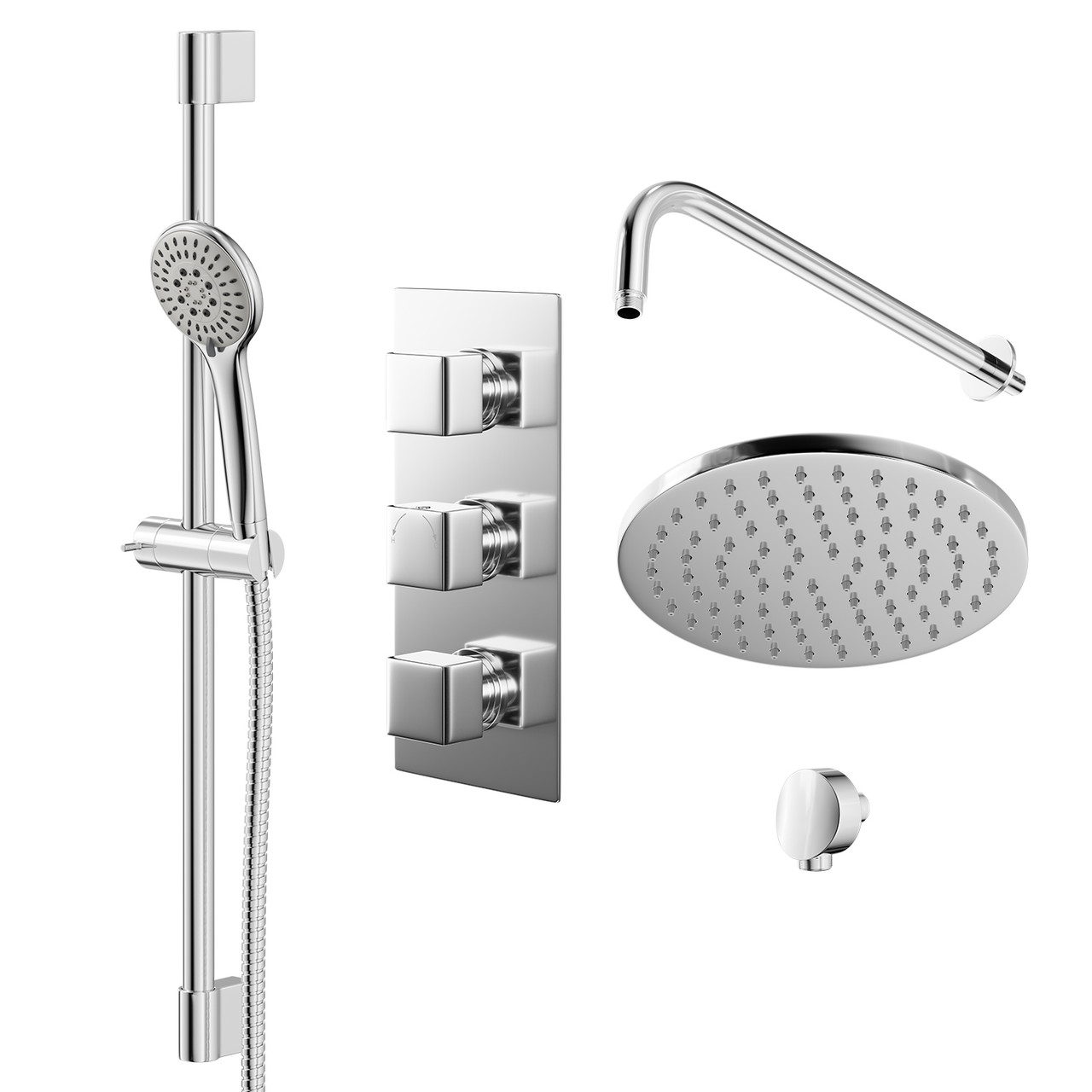 Cubix Polished Triple Thermostatic Valve Mixer Shower with Round Fixed Head and Avon Shower Slide Rail Kit