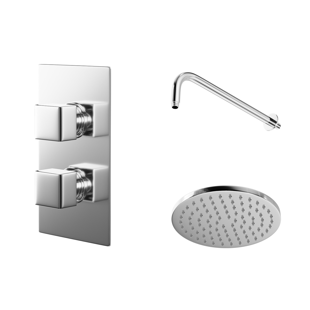 Cubix Polished Twin Thermostatic Valve Mixer Shower with Round Shower Head and Wall Arm