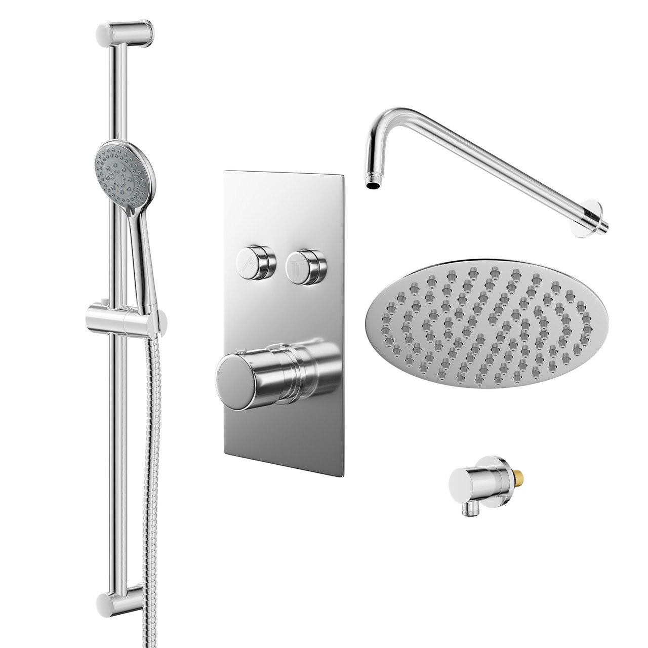 Circo Polished Concealed Push Button Twin Thermostatic Shower Valve with Round Fixed Head and Sark Slide Rail Kit