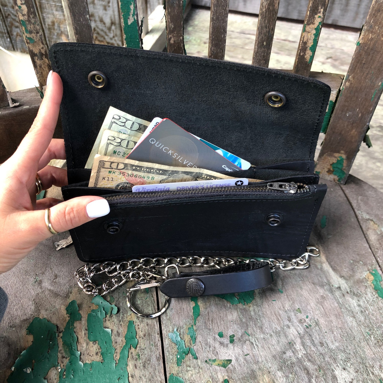 Handcrafted Leather Billfold with Zipper Pouch and Snap Closure Black