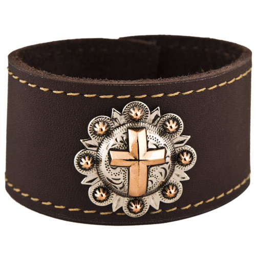 Copper Cross Leather Cuff Bracelet