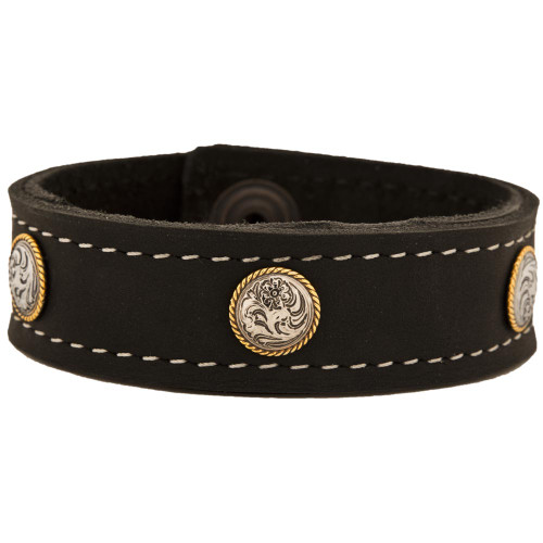 Black leather cuff bracelet with silver spot rose conchos with gold rope
