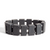 Four shungite hematite bracelets in sizes S, M, L, XL laid flat on a ruler showing length difference.