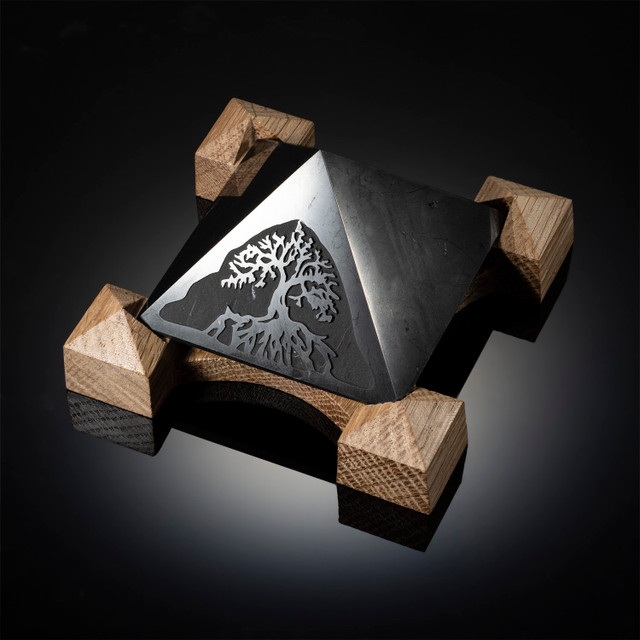Shungite Pyramid of Power with Yggdrasil Pattern and Charging Stand