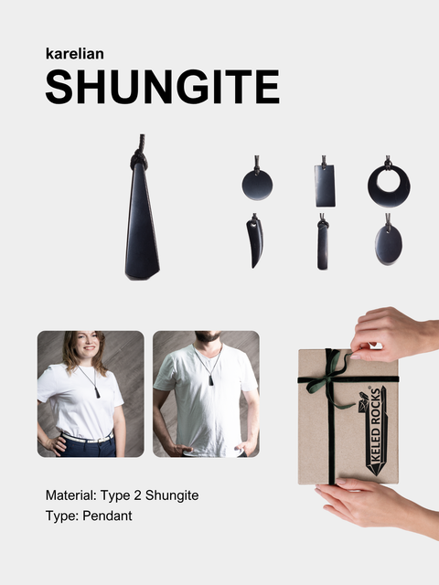 Set of eight basic black shungite pendants in different shapes (rectangle, circle, triangle, etc.) arranged on a light surface.