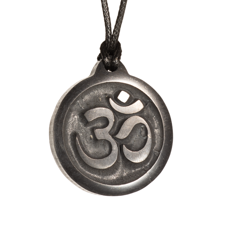 OM Buddha Prayer Necklace – Black Shungite Pendant with Hand-Engraved OM Symbol, Spiritual Jewelry for Meditation and Yoga