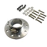 Silver CNC-machined sprocket adapter kit with a split flange and integrated hose clamp, shown with matching mounting hardware including eight bolts, eight washers, and eight lock nuts on a white background.