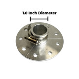CNC-machined aluminum sprocket adapter with a split-clamp design and hose clamp, featuring a 1.0-inch inner diameter measurement displayed above the center opening.