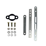 Exhaust installation hardware kit including a black exhaust gasket, three mounting bolts, three nuts, three flat washers, three lock washers, and three metal mounting brackets with multiple adjustment holes, displayed on a white background.