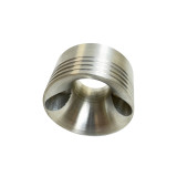 CNC-machined aluminum velocity stack featuring a flared intake opening, central bore, and machined side relief holes, shown on a light gray background.
