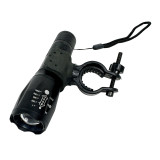 Black LED handlebar-mounted flashlight with adjustable beam focus, mounting clamp, and wrist lanyard, shown on a light gray background.
