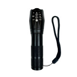 Black LED handlebar-mounted flashlight with adjustable beam focus, mounting clamp, and wrist lanyard, shown on a light gray background.
