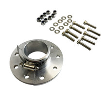 Silver CNC-machined sprocket adapter kit with a split flange and integrated hose clamp, shown with matching mounting hardware including eight bolts, eight washers, and eight lock nuts on a white background.