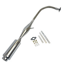 Chrome exhaust pipe assembly with integrated muffler and flexible braided connector, shown on a white background with included mounting brackets, gasket, bolts, nuts, and washers.