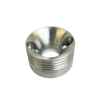 CNC-machined aluminum velocity stack featuring a flared intake opening, central bore, and machined side relief holes, shown on a light gray background.