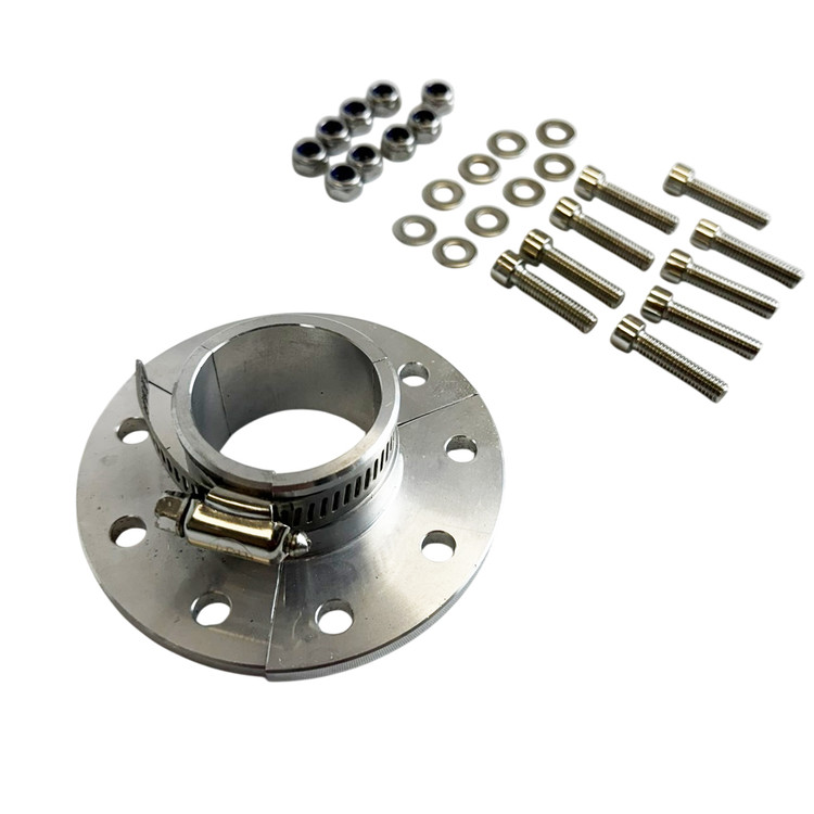 Silver CNC-machined sprocket adapter kit with a split flange and integrated hose clamp, shown with matching mounting hardware including eight bolts, eight washers, and eight lock nuts on a white background.