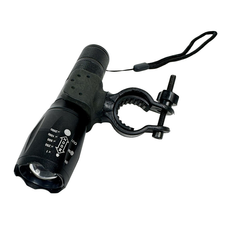 Black LED handlebar-mounted flashlight with adjustable beam focus, mounting clamp, and wrist lanyard, shown on a light gray background.
