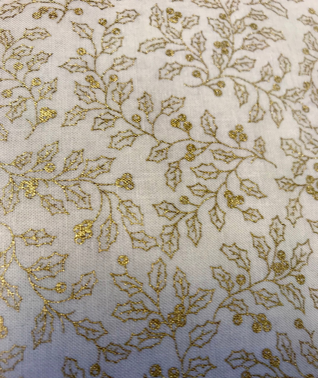 Gold Holly leaves on Cream - 100% Cotton Fabric, 135cm/53 in Wide, Sold Per HALF Metre