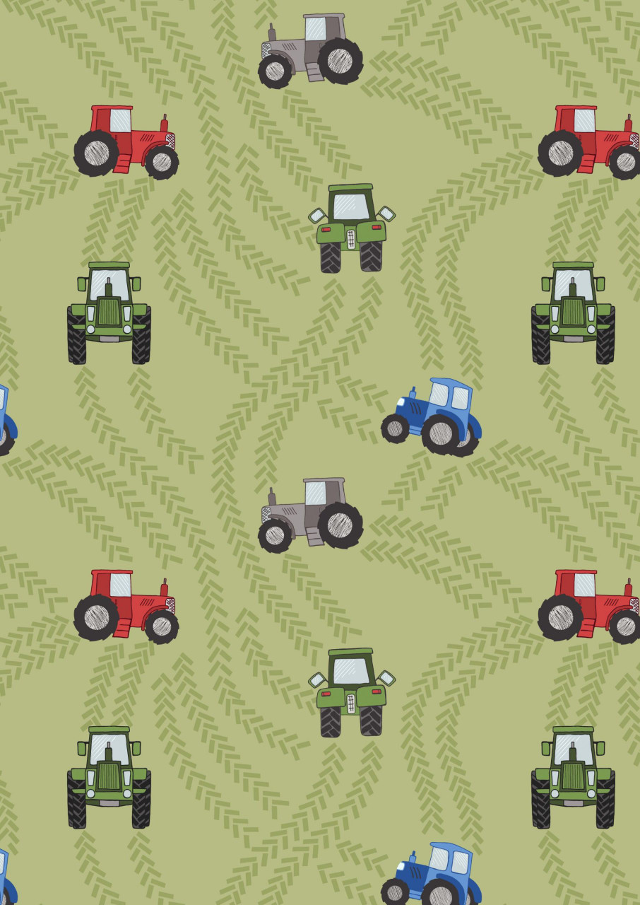 Tractor trails on green - 100% Cotton - 44/5" -112cm width ( Sold per half metre)