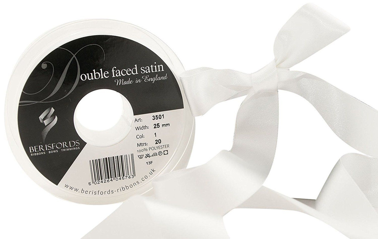 25mm 01 White Double Satin Berisfords Ribbon ( Sold per Metre)