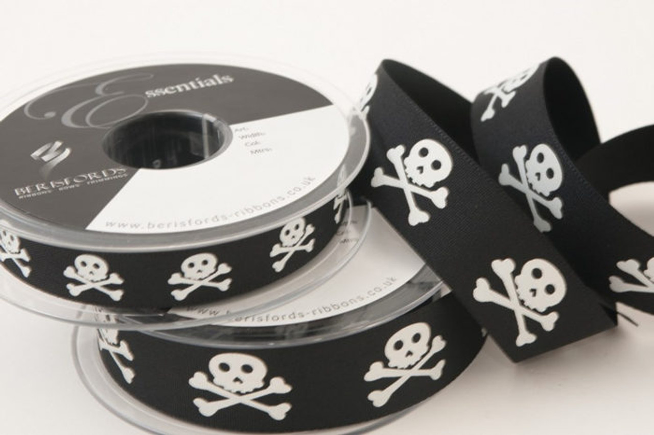 Skull & Bones Ribbon -15mm Width - Black/White ( Sold by the Metre)