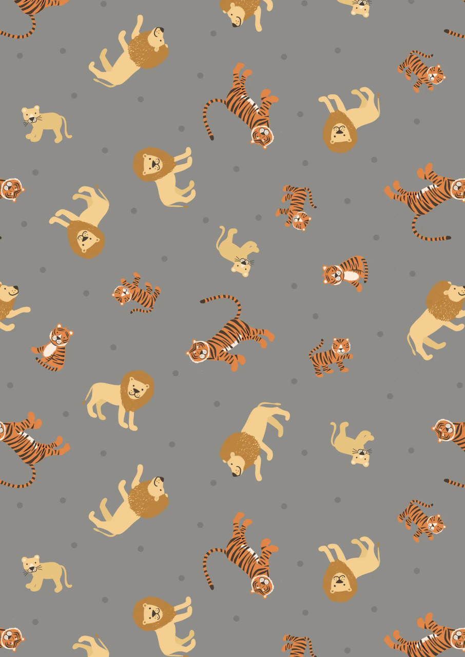 Small Things.. Wild Animals -SM53.3 Lions & tigers on grey - By Lewis & Irene - 45/112cm Width ( Sold per Half Metre)  £6.95