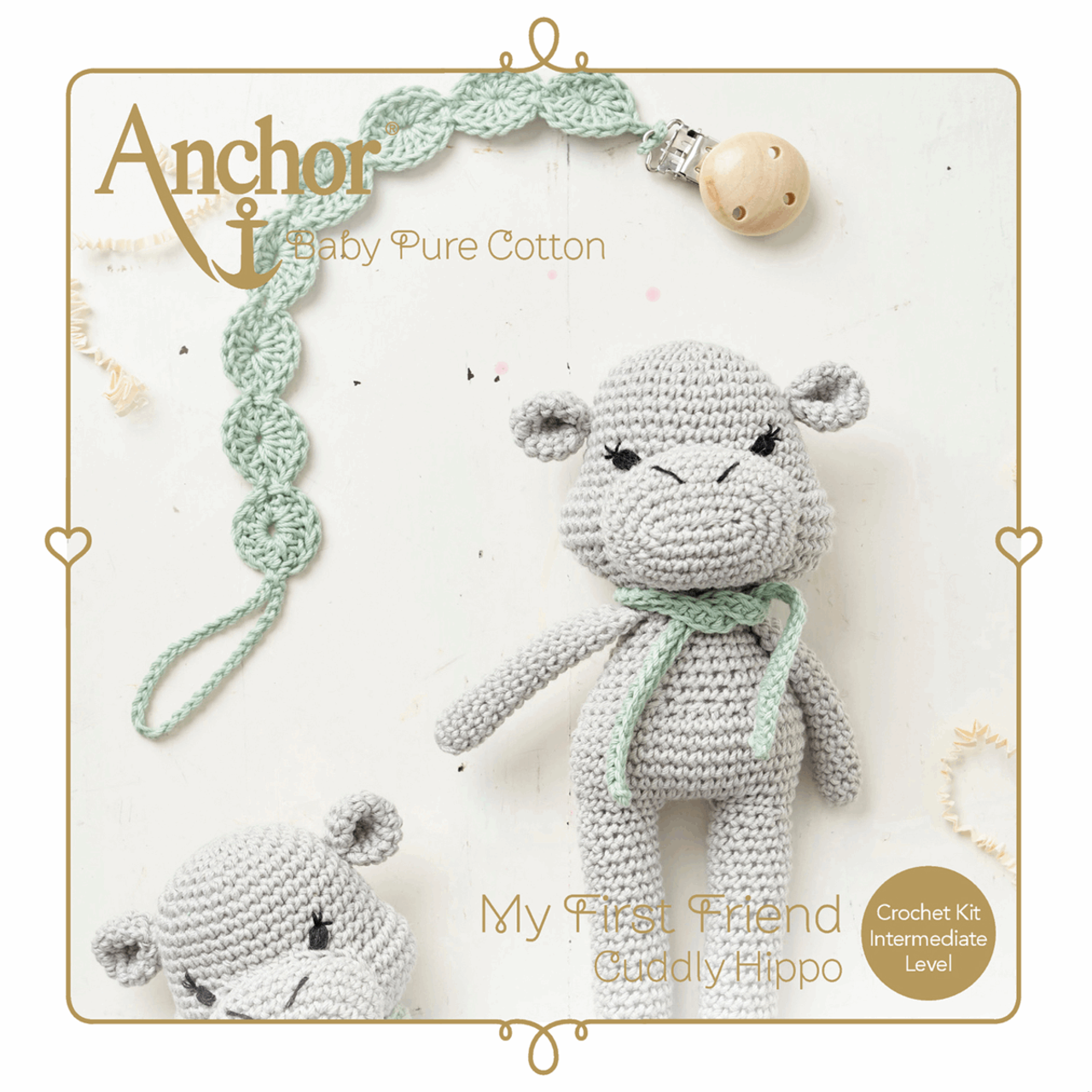 Cuddly Hippo Toy & Dummy Clip Baby Pure Cotton Amigurumi Crochet Kit