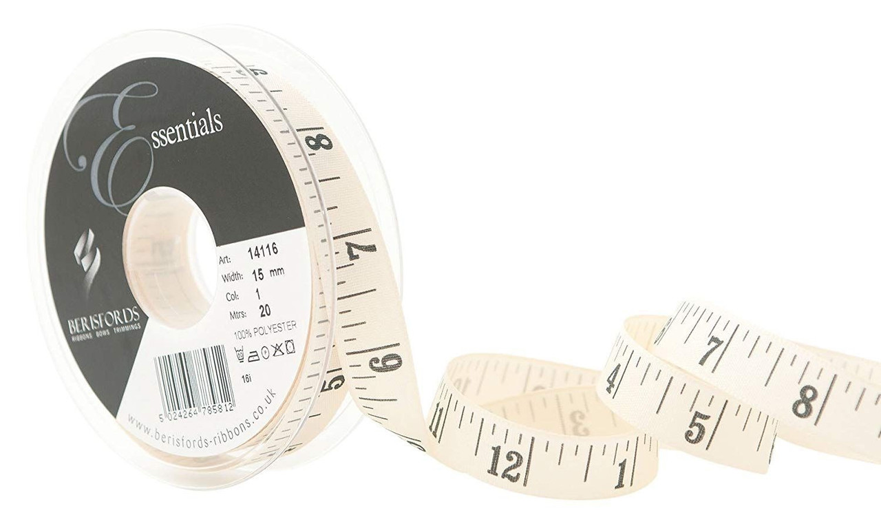 Black Tape Measure Print on Cream Canvas Ribbon, 15mm wide (Sold Per Metre)