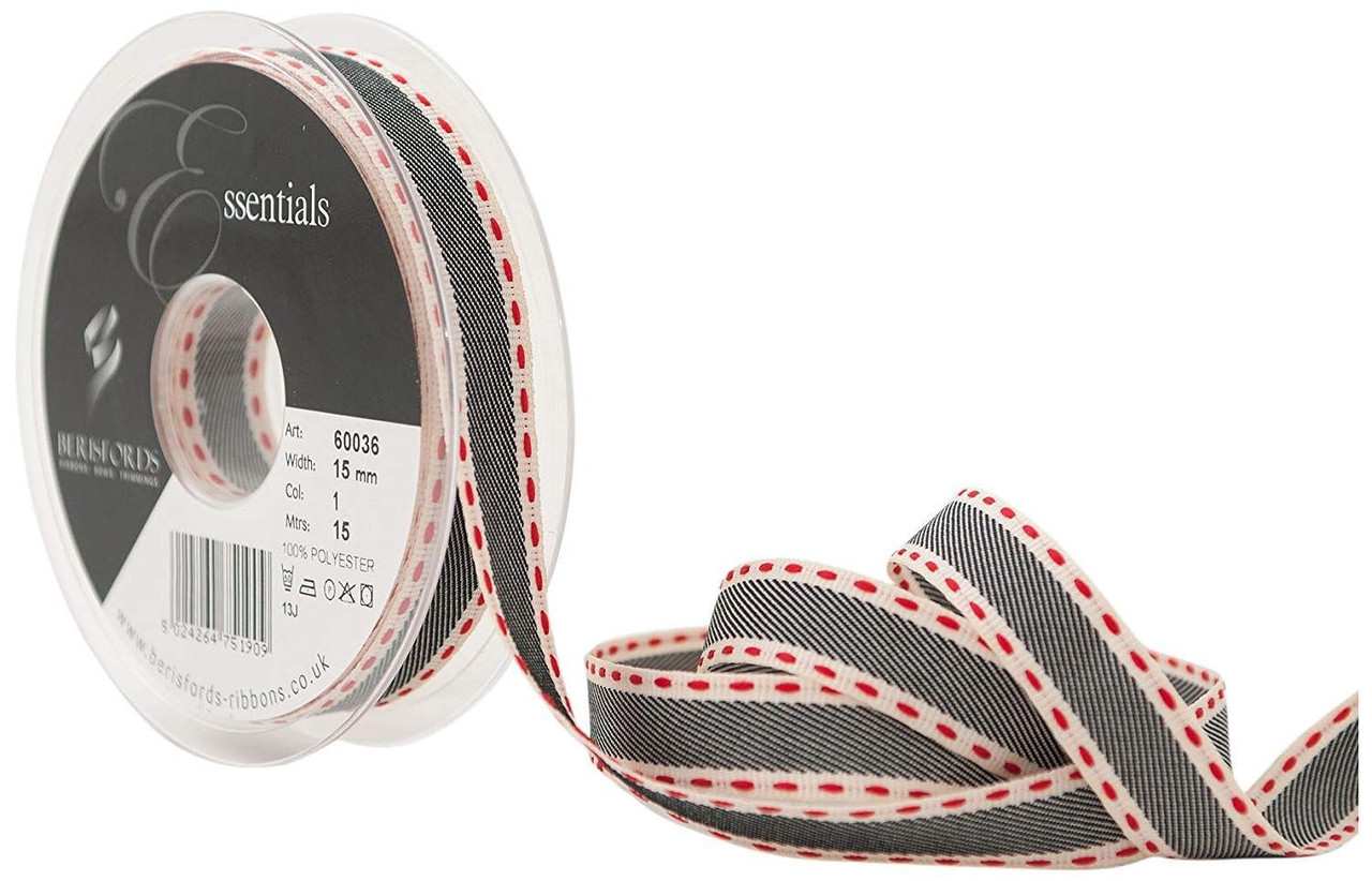 Cream Ribbon with Charcoal Centre Band & Red Saddle Stitched Edge, 15mm Wide (Sold Per Metre)