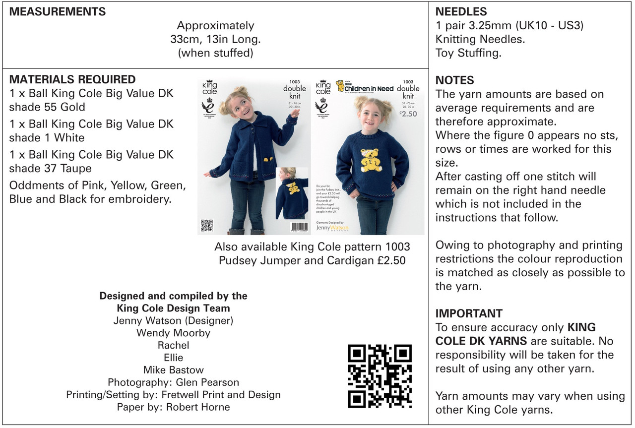 1004 Toy Teddy Bear DK Knitting Pattern