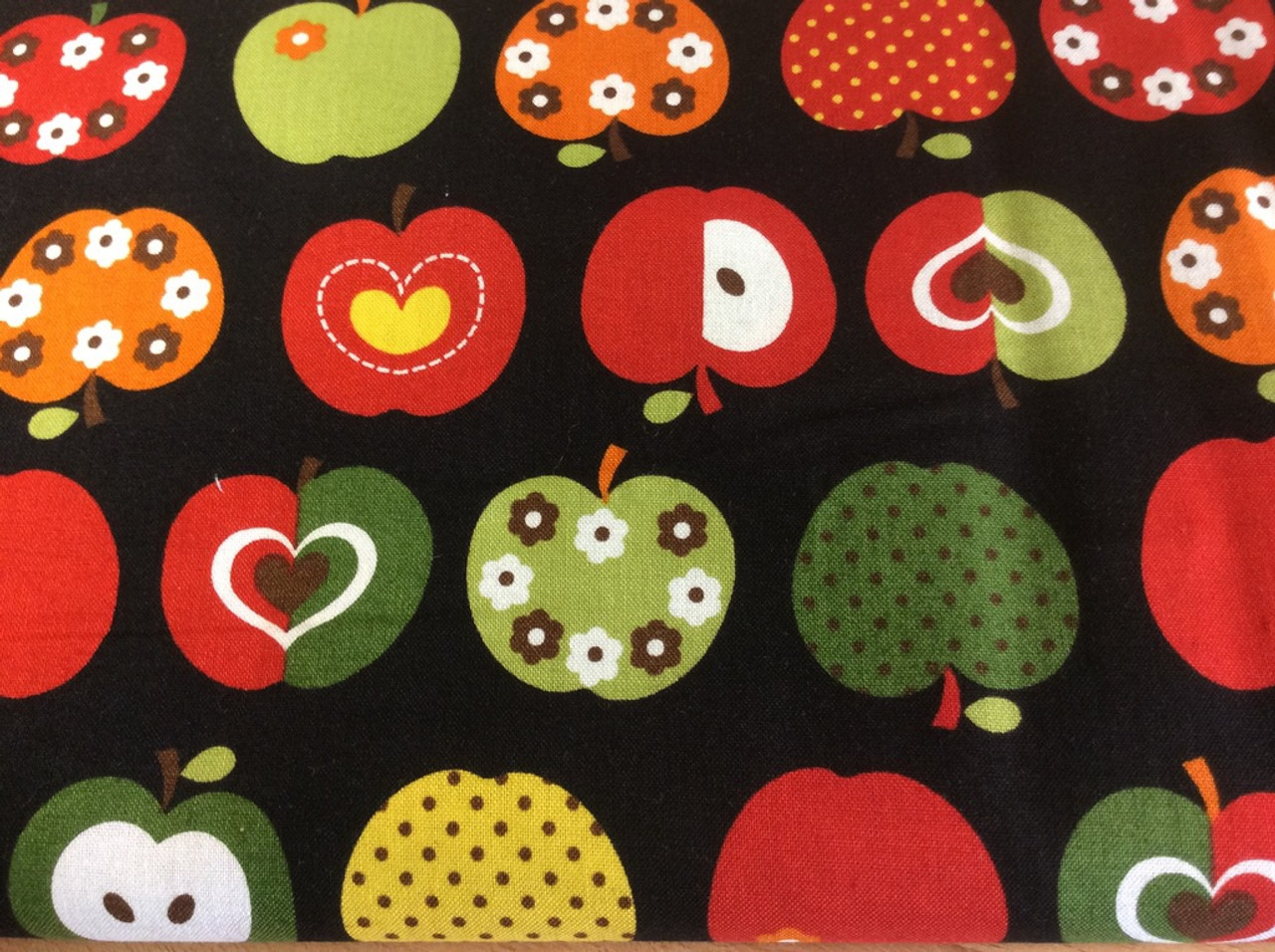 Apples On Black Cotton Fabric, 112cm/44in wide, Sold Per HALF Metre