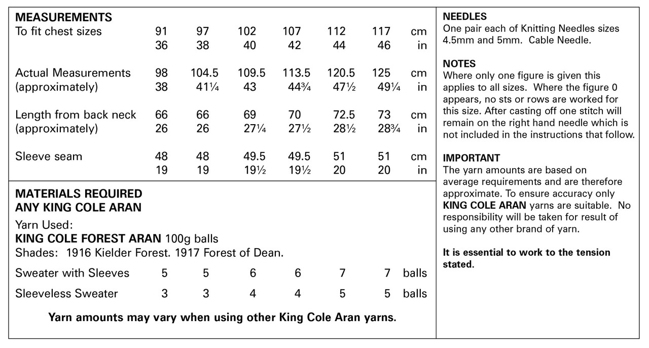 5659 Mens & Teens Sweater & Sleeveless Sweater Aran Knitting Pattern Size: 36-46"