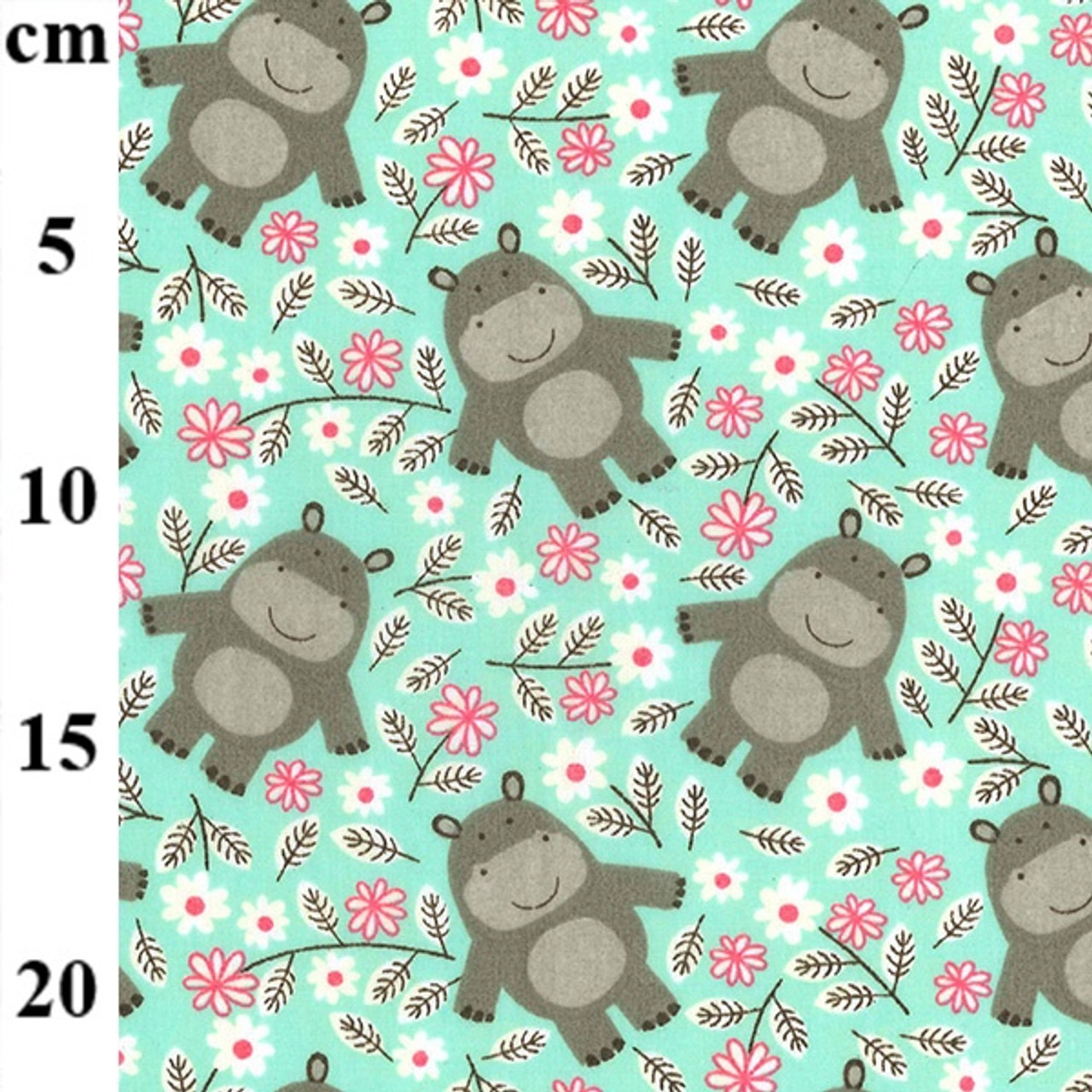 Hippos on Jade Polycotton Fabric, 43in wide, Sold Per HALF Metre