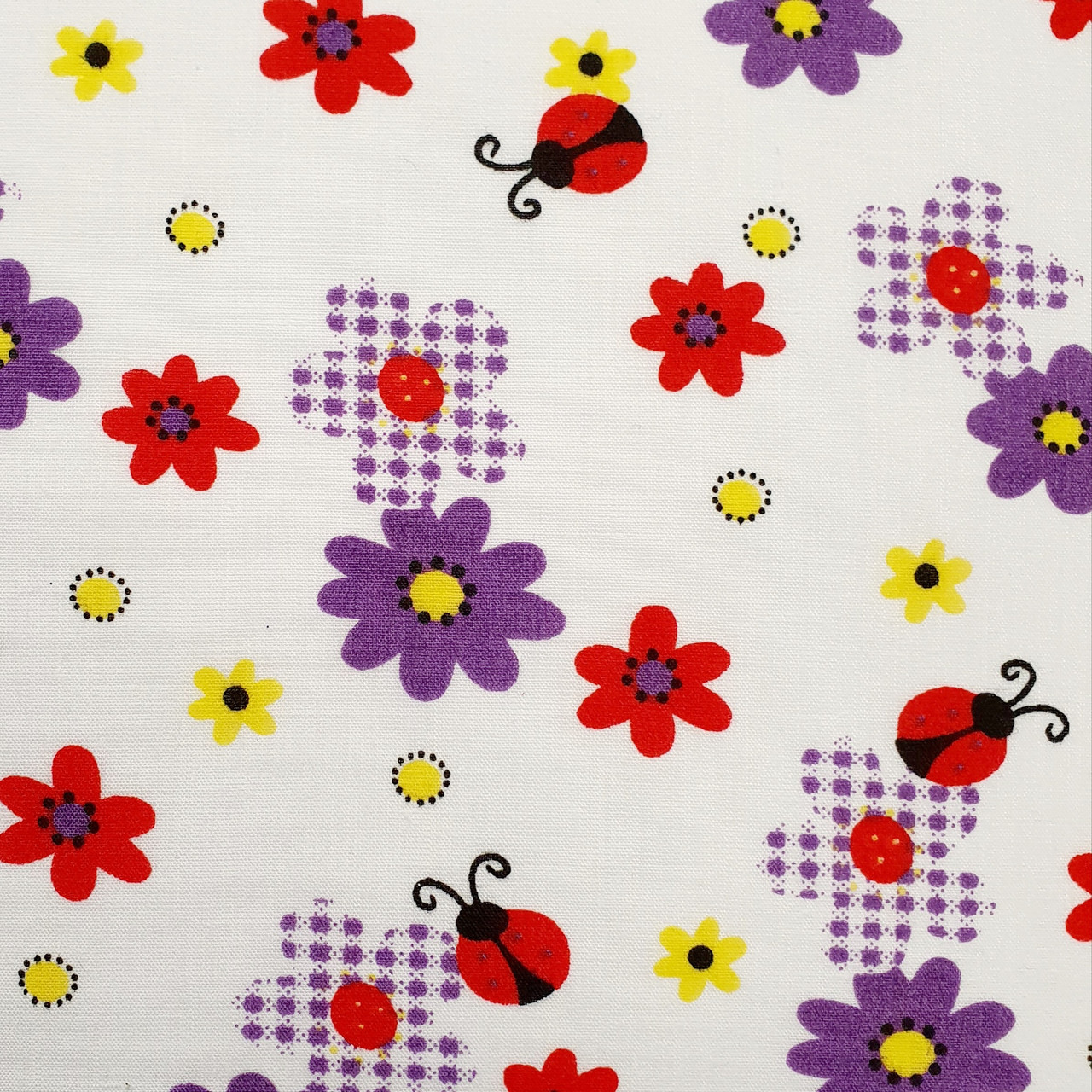 Flowers & Ladybirds on White Polycotton Fabric, 43in wide, Sold Per HALF Metre