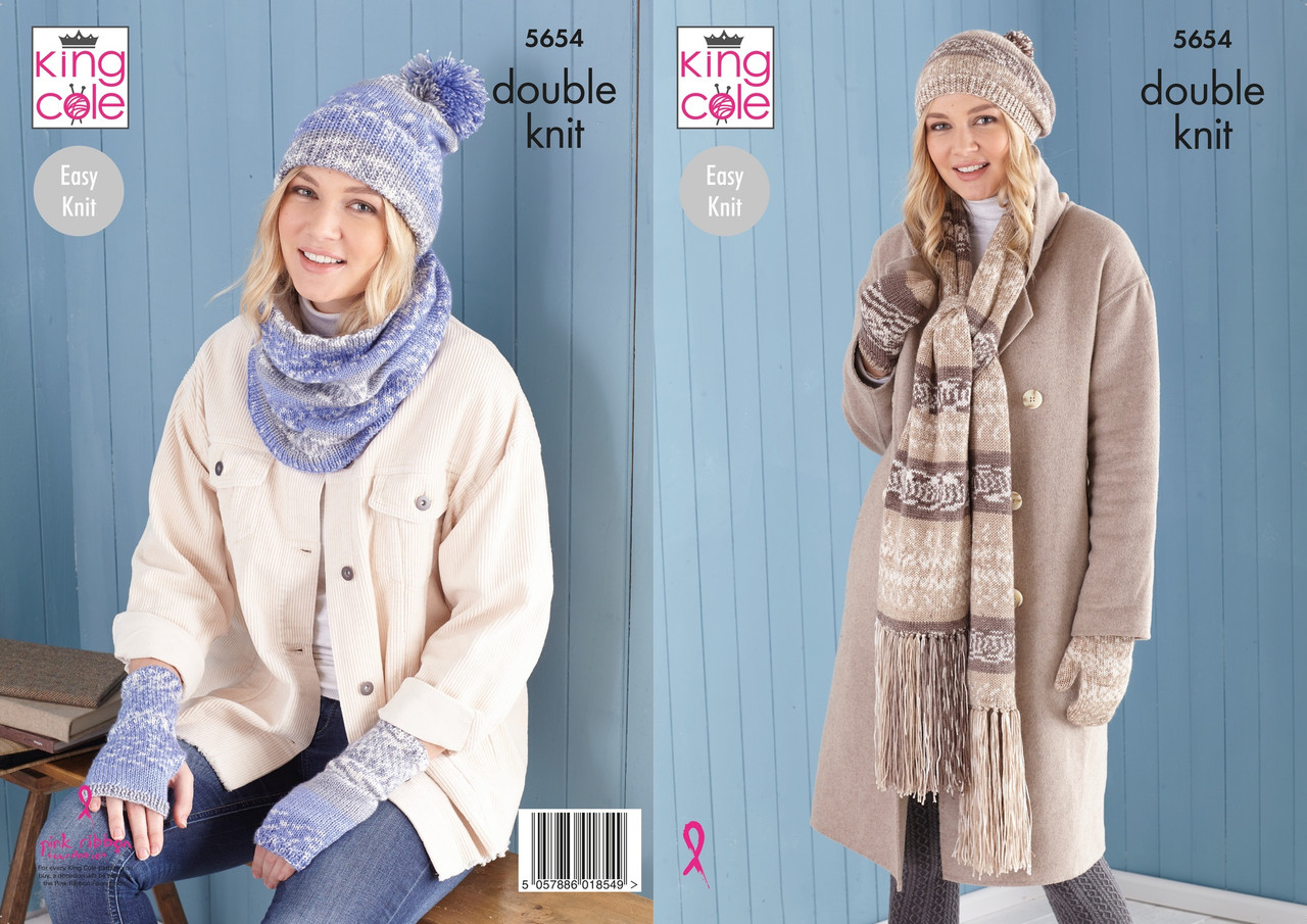 5654 Ladies & Teens Scarf, Wrist-warmers, Hats, Mitts & Snood DK Knitting Pattern