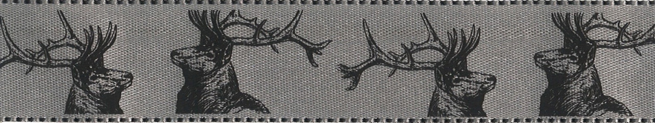 Stags on Soft Silver Satin Ribbon, 25mm wide, Sold Per Metre