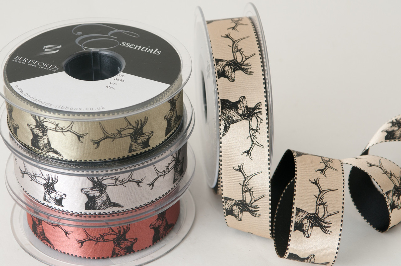 Stags on Soft Silver Satin Ribbon, 25mm wide, Sold Per Metre