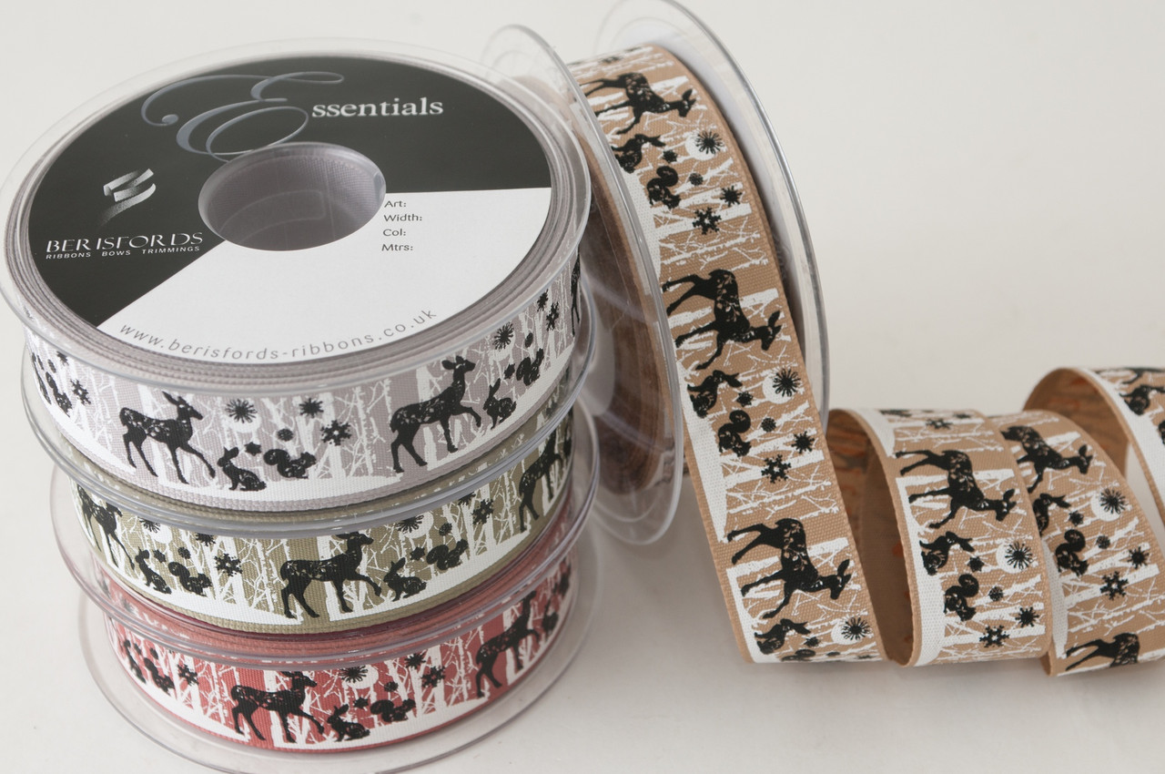 Woodland Animals on Pale Grey Ribbon, 25mm wide, Sold Per Metre