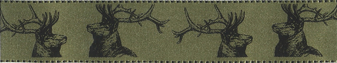 Stags on Soft Sage Satin Ribbon, 25mm wide (Sold Per Metre)