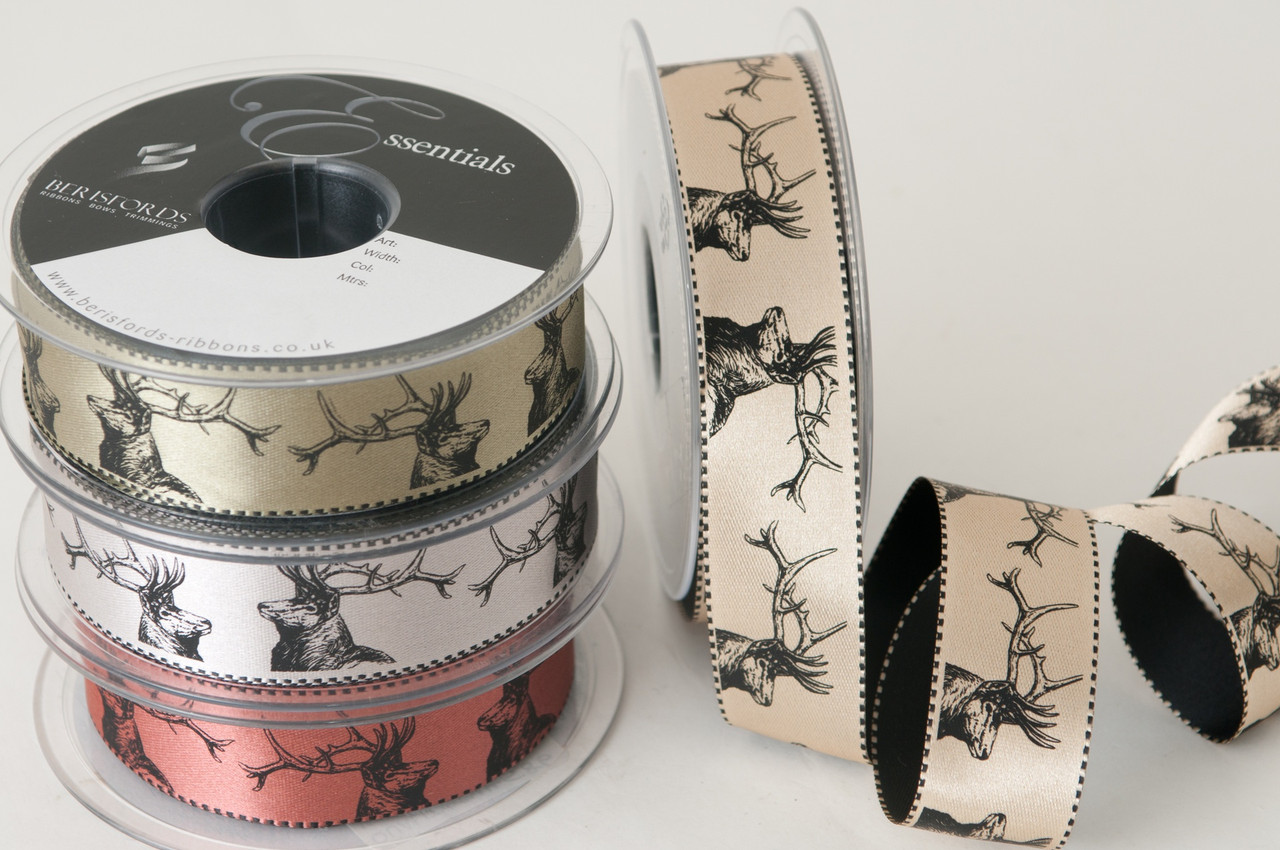 Stags on Soft Gold Satin Ribbon, 25mm wide (Sold Per Metre)