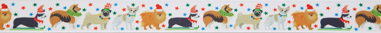 Festive Dogs on White Ribbon, 25mm wide, Sold Per Metre