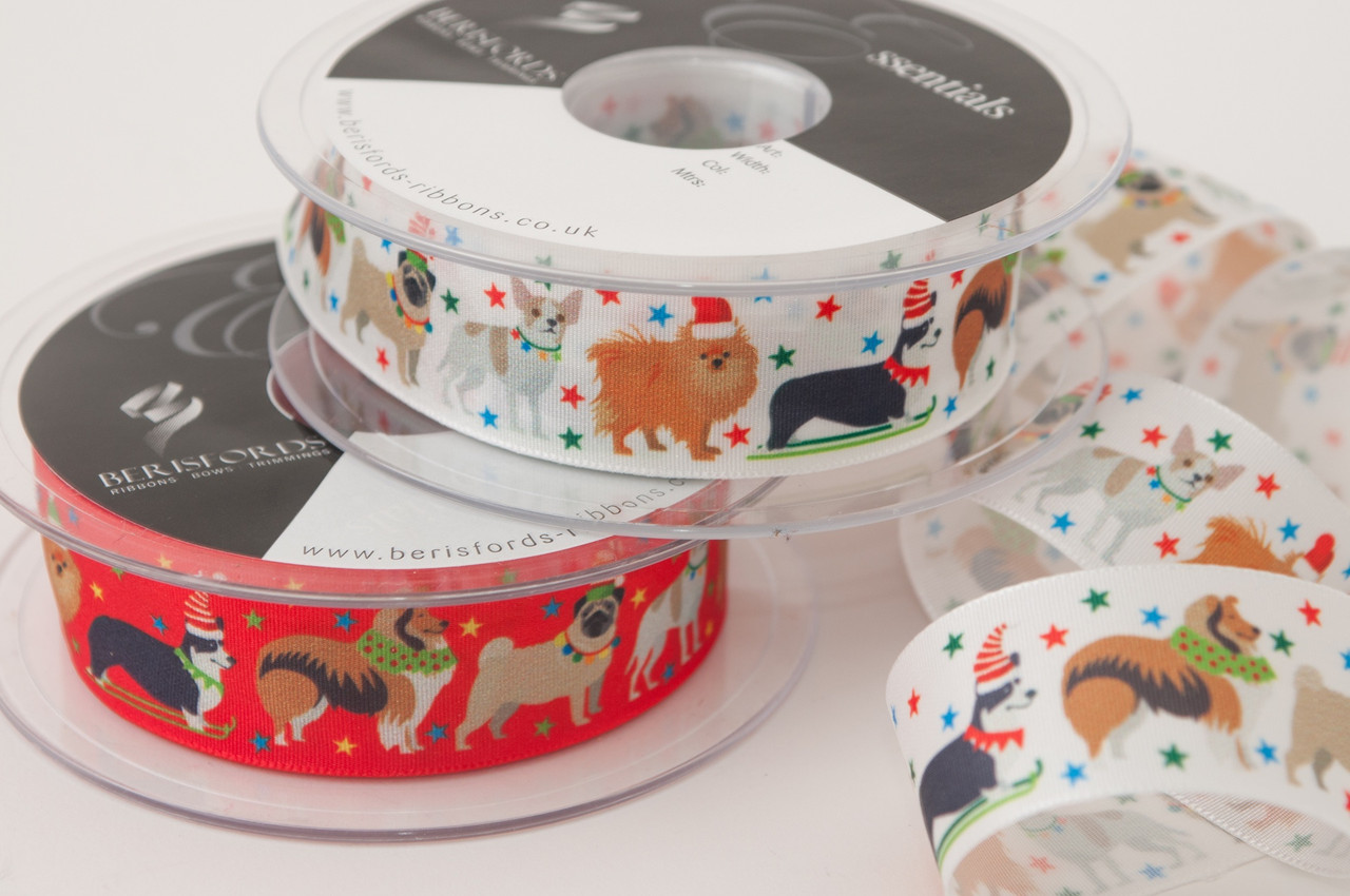 Festive Dogs on White Ribbon, 25mm wide, Sold Per Metre