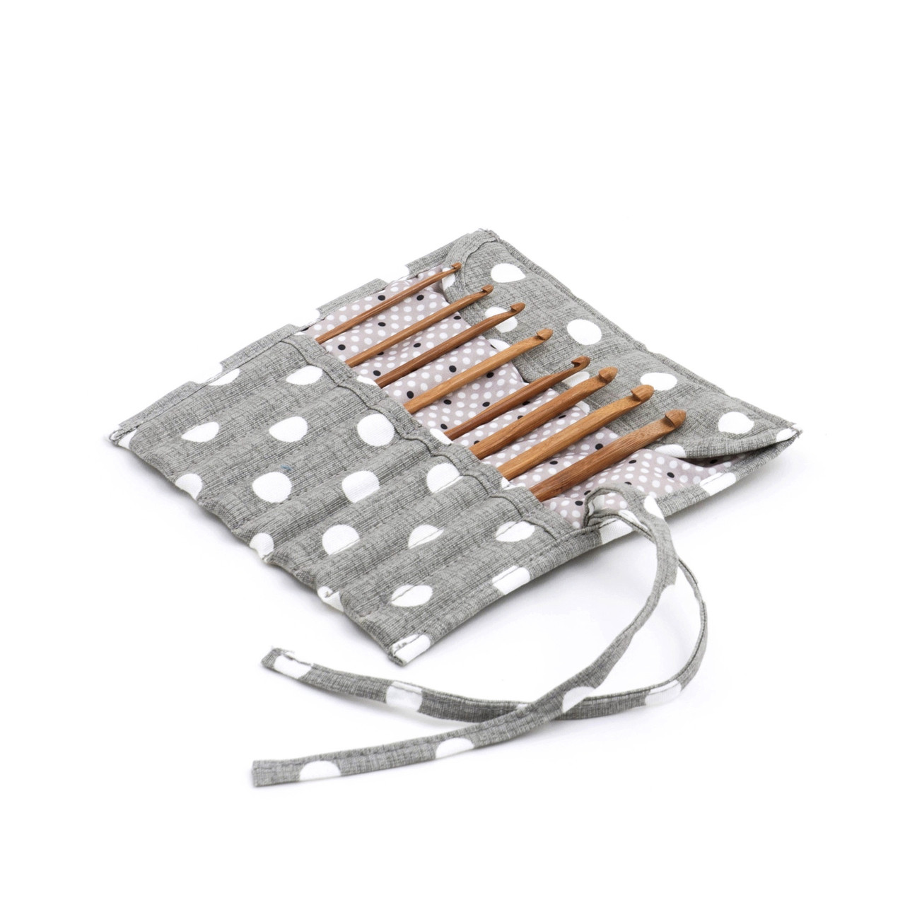 Grey Linen Polka Dot Crochet Hook Roll *FILLED* with Bamboo Crochet Hooks (2.5mm to 6.5mm)