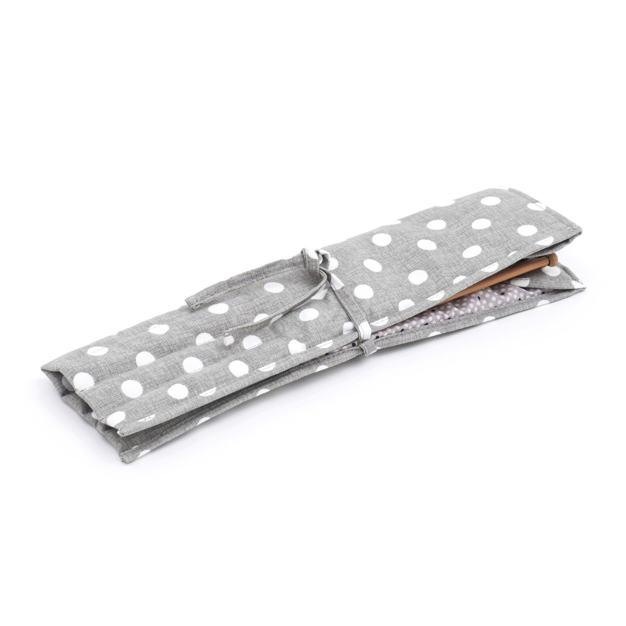 Grey Linen Polka Dot Knitting Pin Roll *FILLED* with Bamboo Knitting Pins (3mm to 6mm)